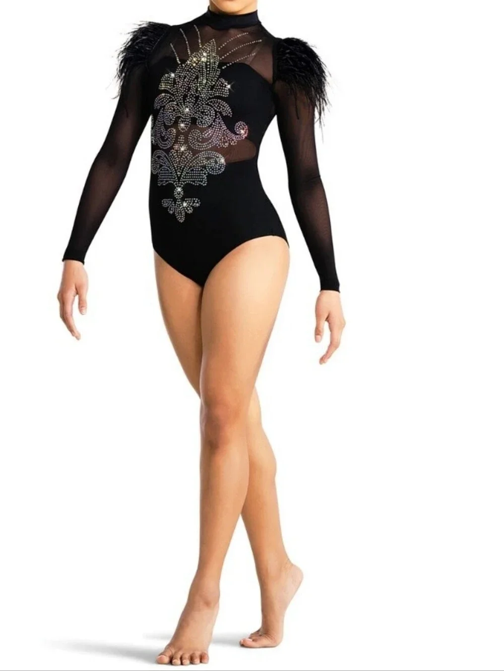 Revolution Rhinestone Mesh Feathered Dance Leotard